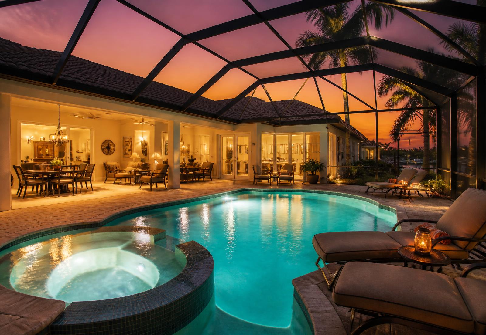 Heated screened pool and spa glowing at sunset behind the villa